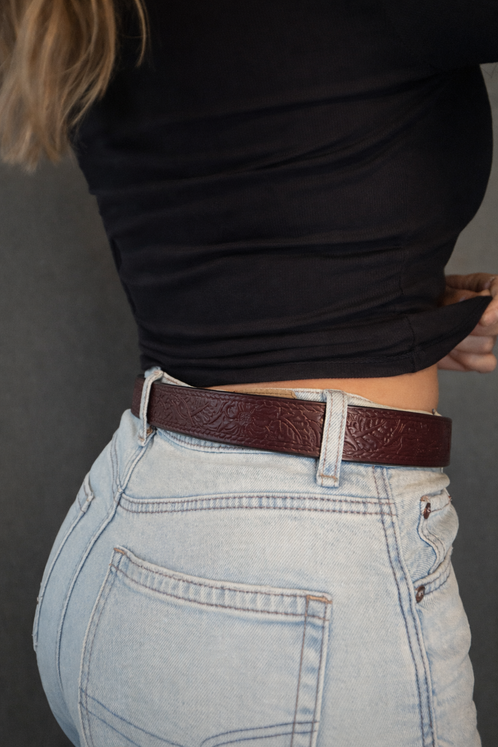 Brown Floral Design Leather Belt - Image 3