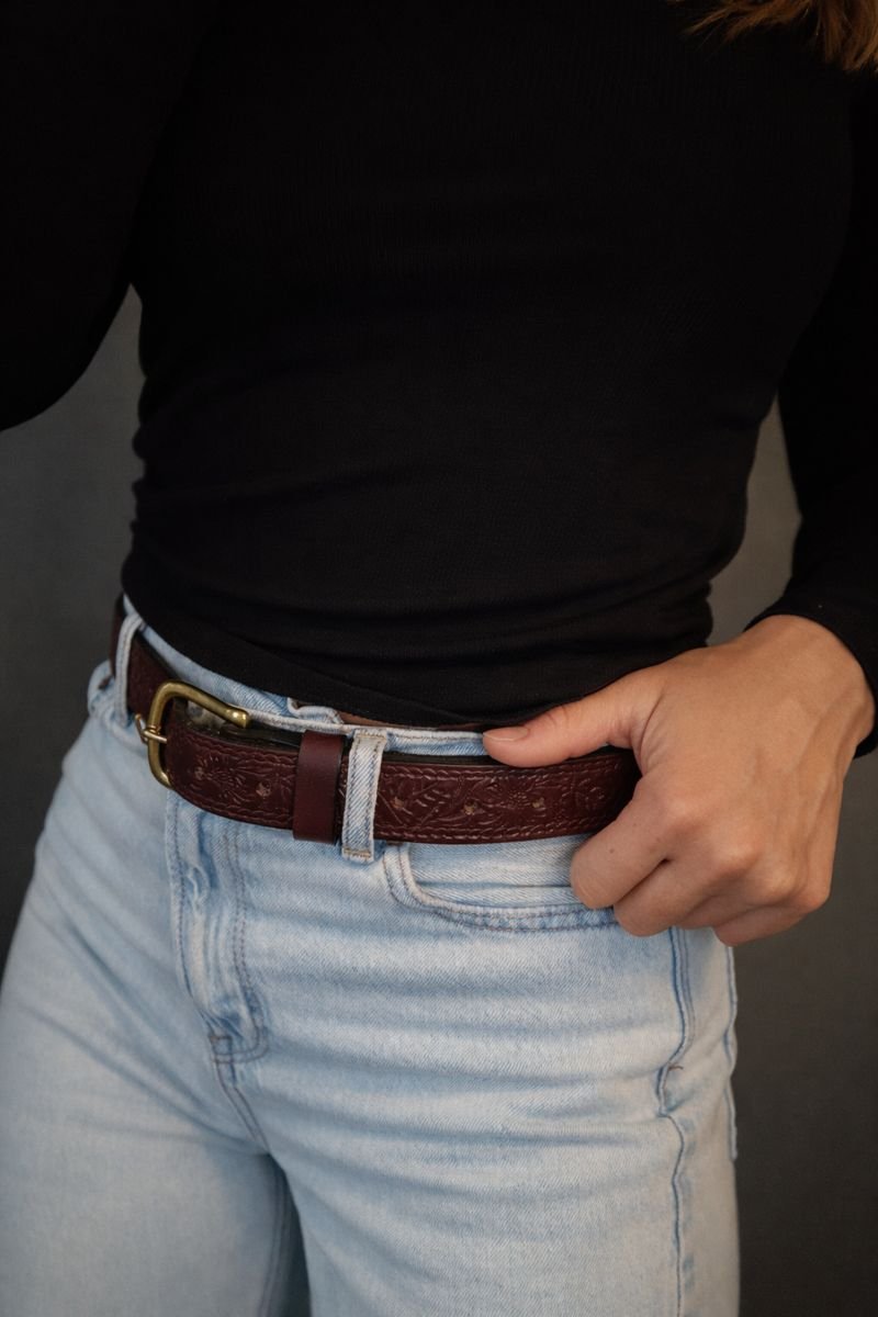 Brown Floral Design Leather Belt - Image 5