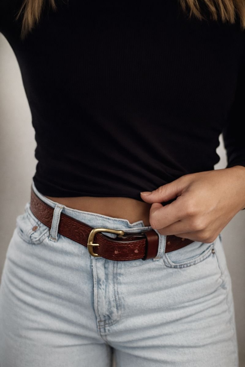 Brown Floral Design Leather Belt - Image 4