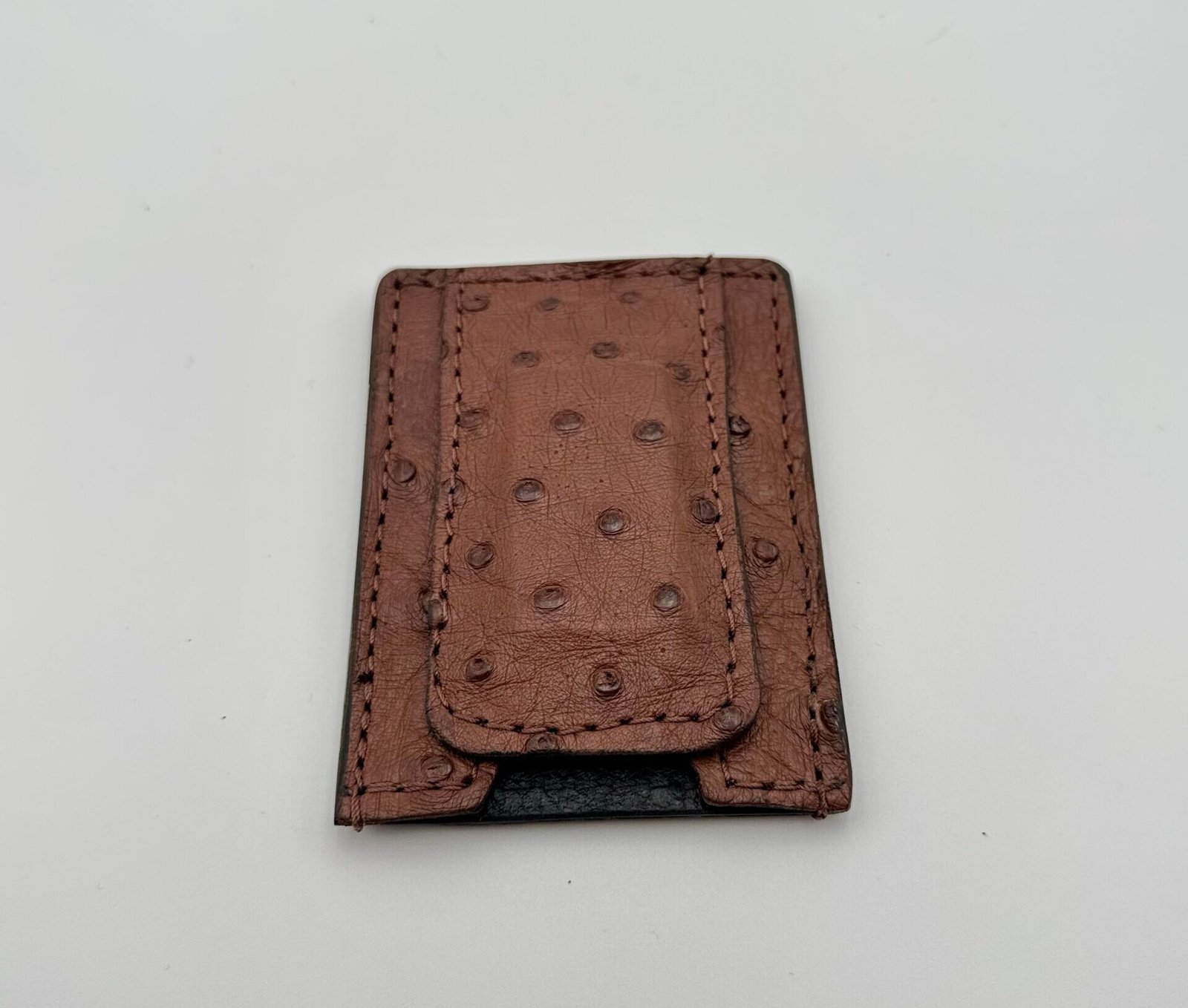 Ostrich Brown Leather Money Clip Wallet