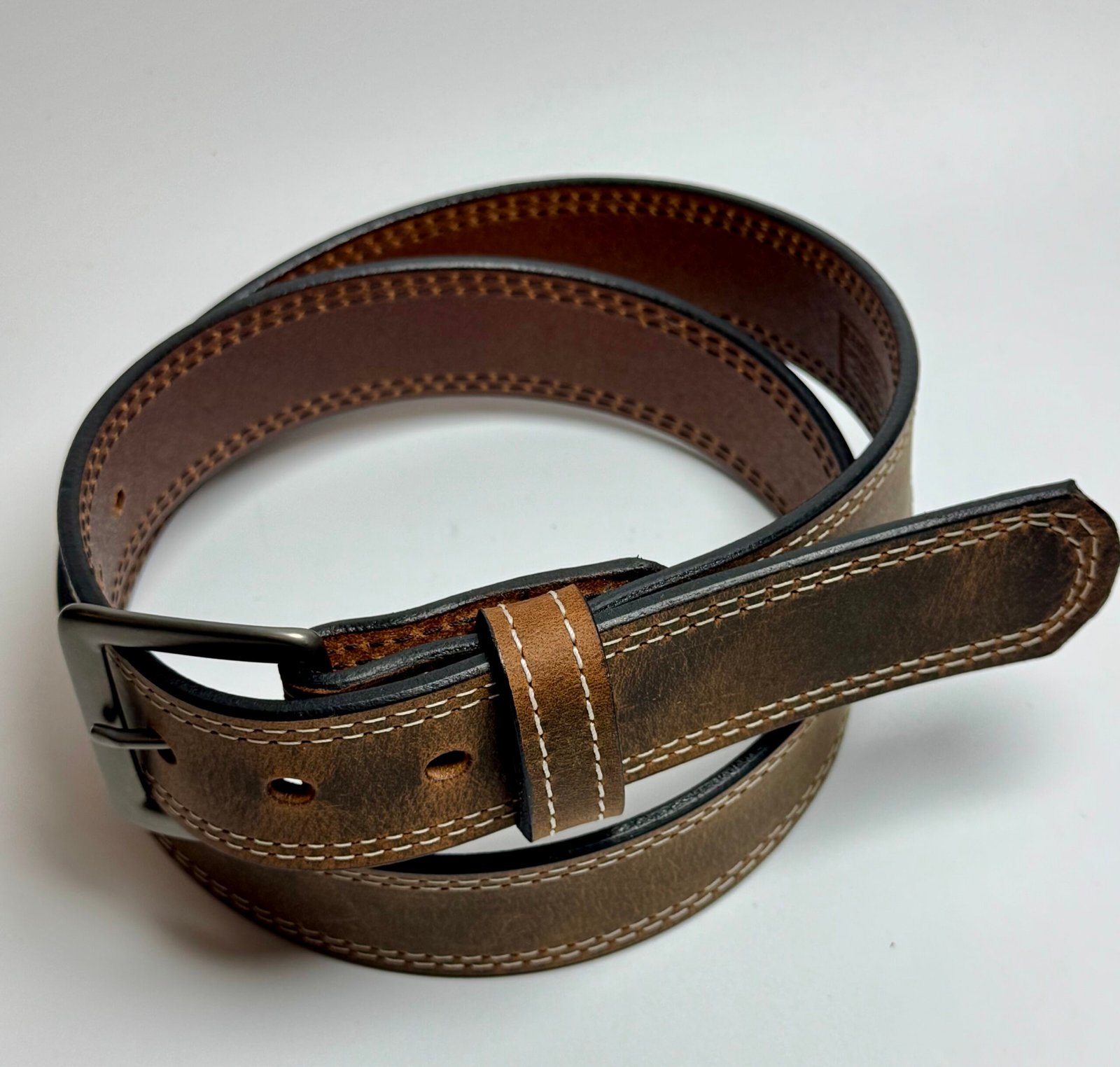 Water Buffalo Double Stitch Crazy Horse Belt – White Stitching - Image 4