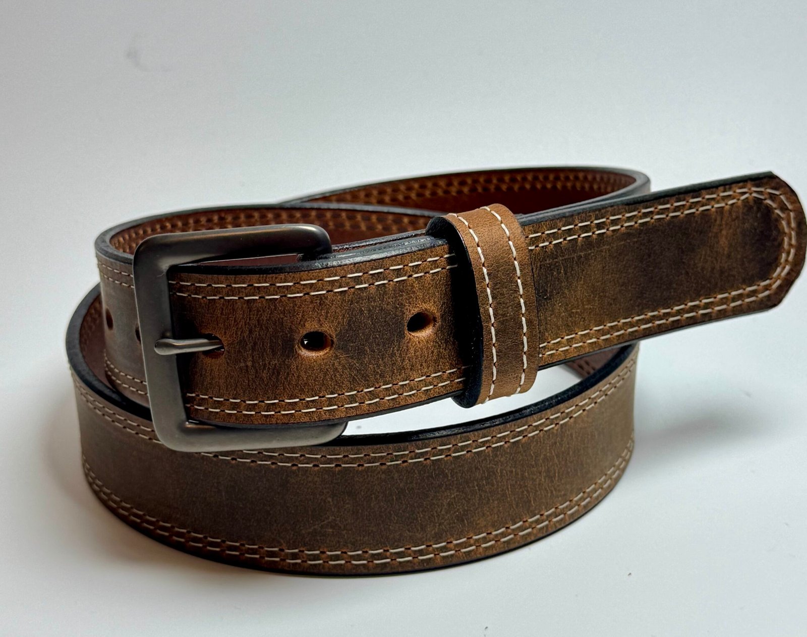 Water Buffalo Double Stitch Crazy Horse Belt – White Stitching - Image 3