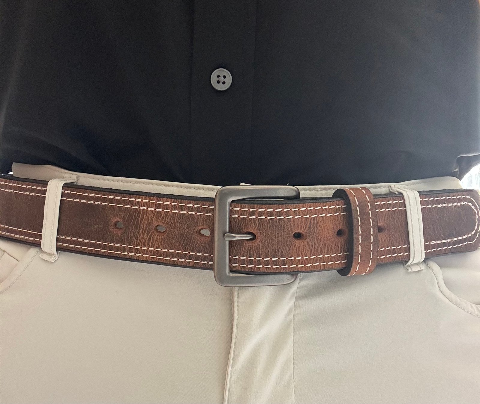 Water Buffalo Double Stitch Crazy Horse Belt – White Stitching - Image 2
