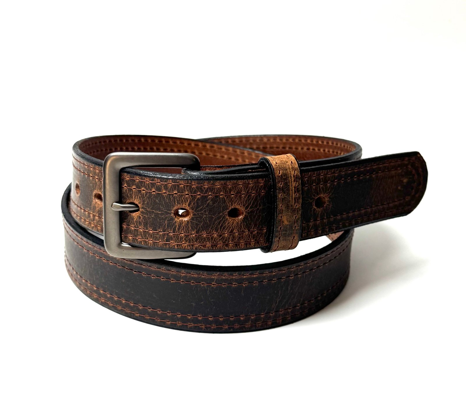 Water Buffalo Double Stitch Crazy Horse Belt – Brown Stitching - Image 4