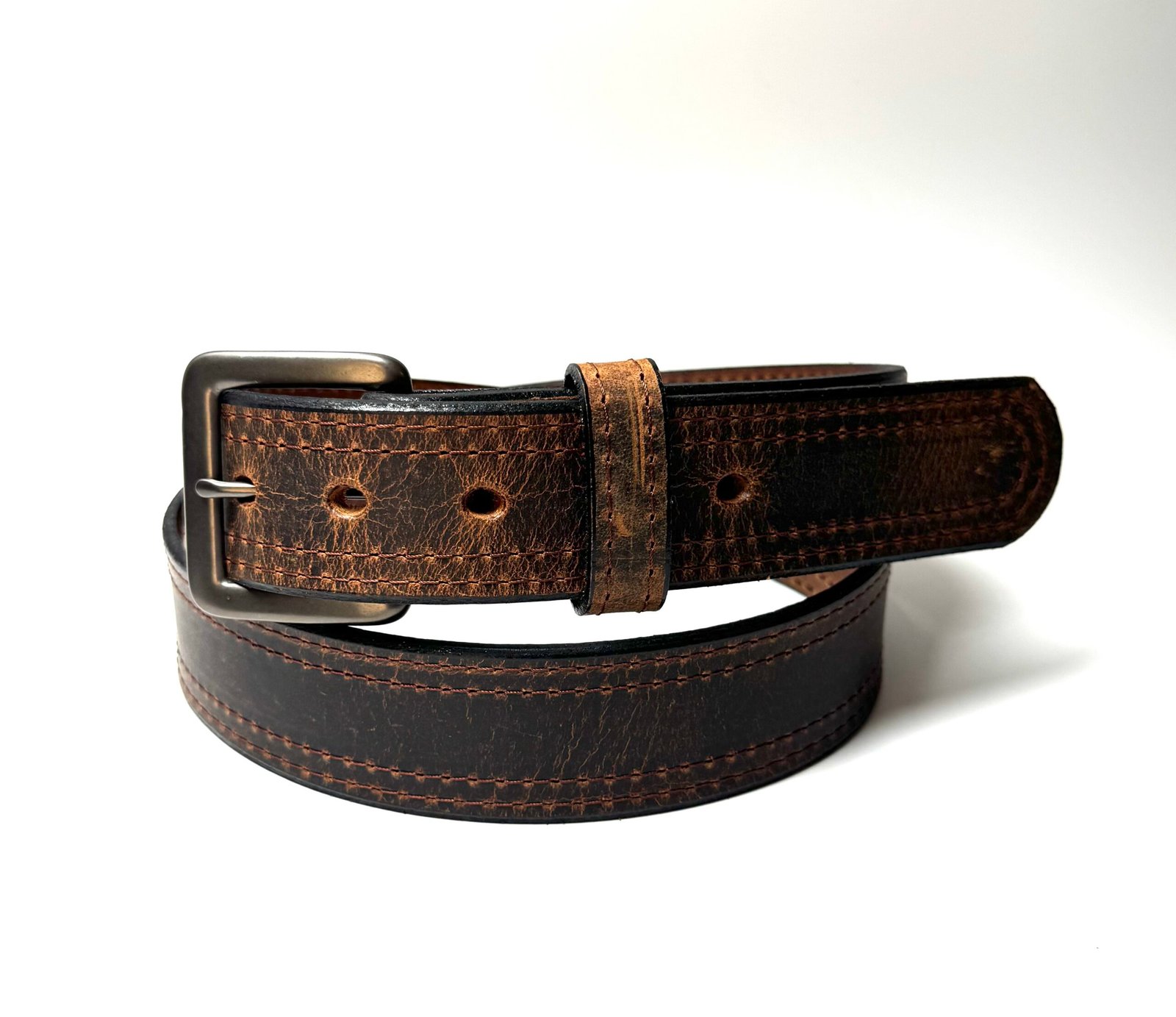 Water Buffalo Double Stitch Crazy Horse Belt – Brown Stitching - Image 5