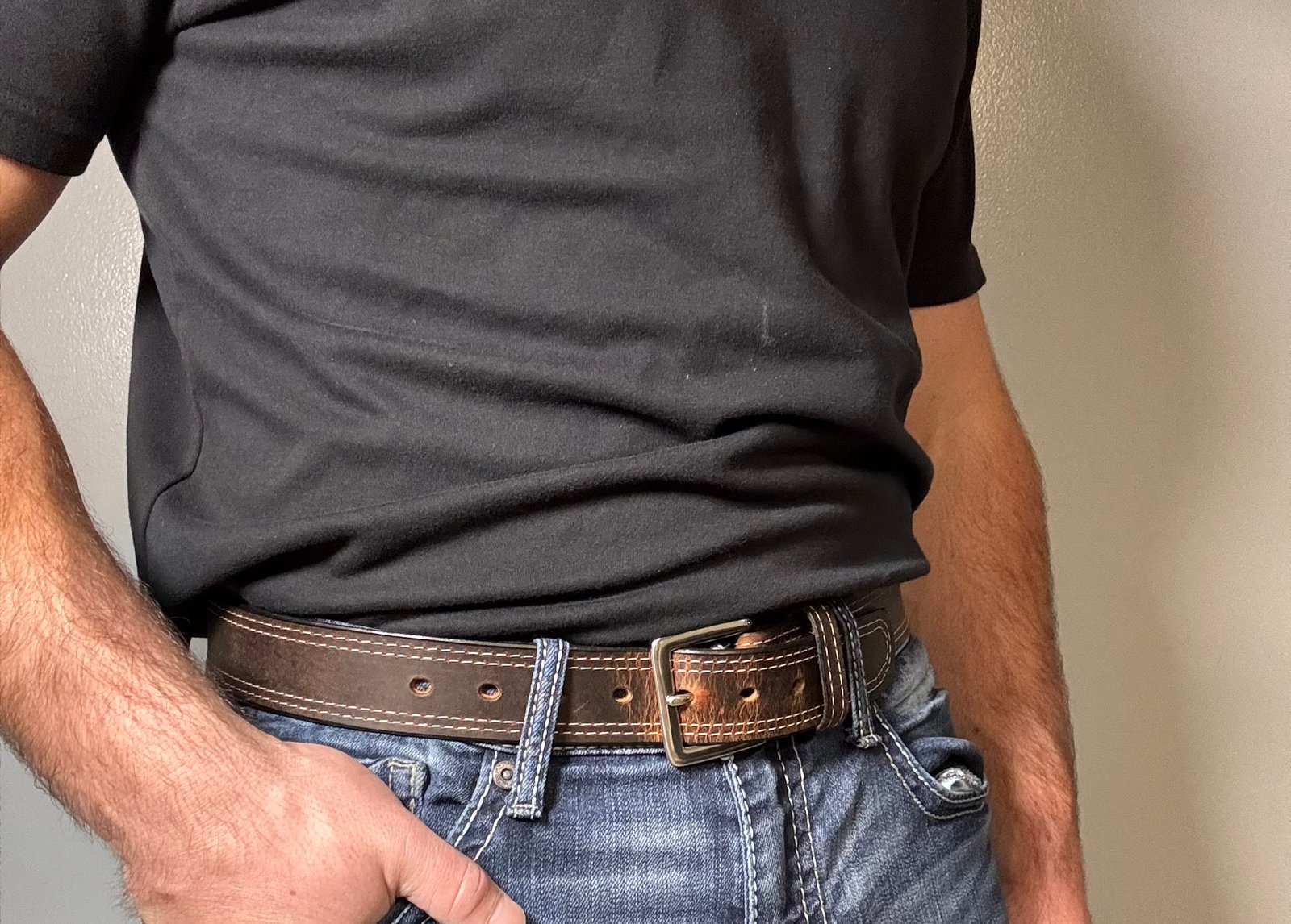 Water Buffalo Double Stitch Crazy Horse Belt – White Stitching - Image 5