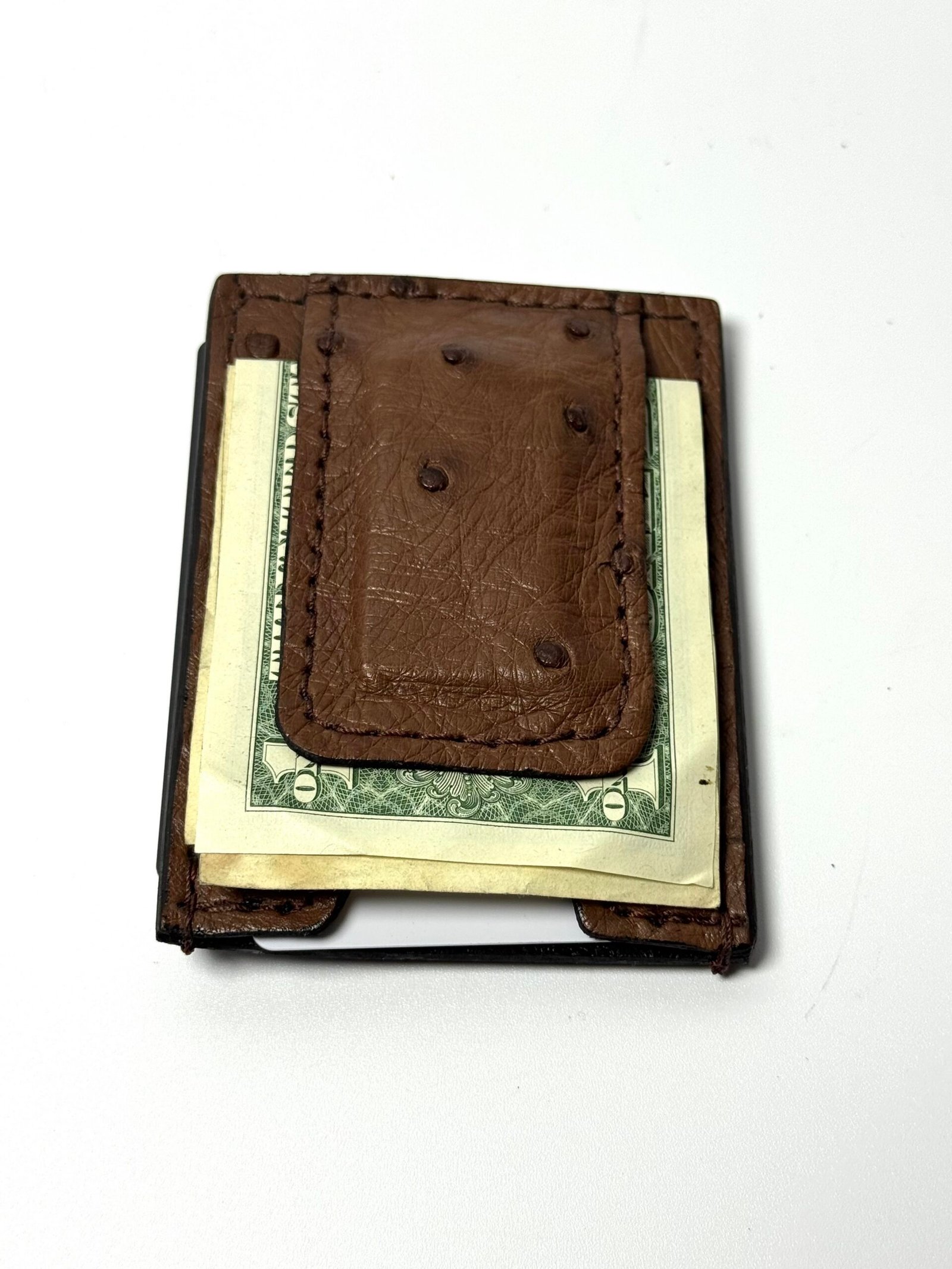 Ostrich Brown Leather Money Clip Wallet - Image 6