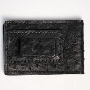 Ostrich Black Leather Money Clip Bifold