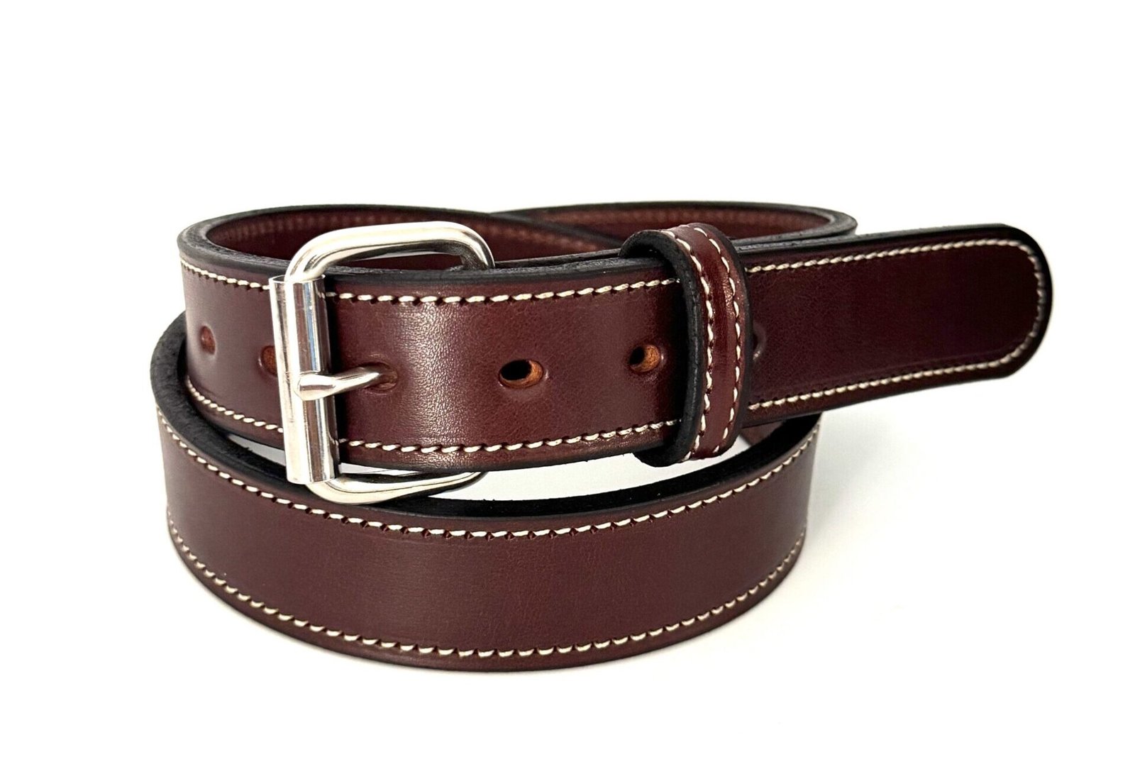 White Stitched Brown Premium Heavy Cowhide Leather Belt