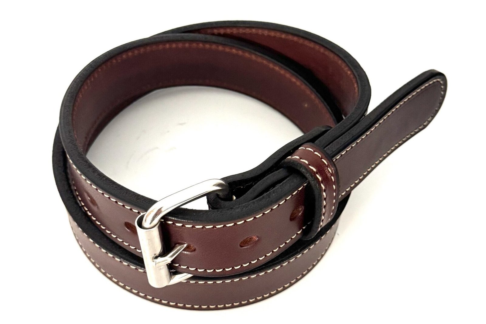 White Stitched Brown Premium Heavy Cowhide Leather Belt - Image 4