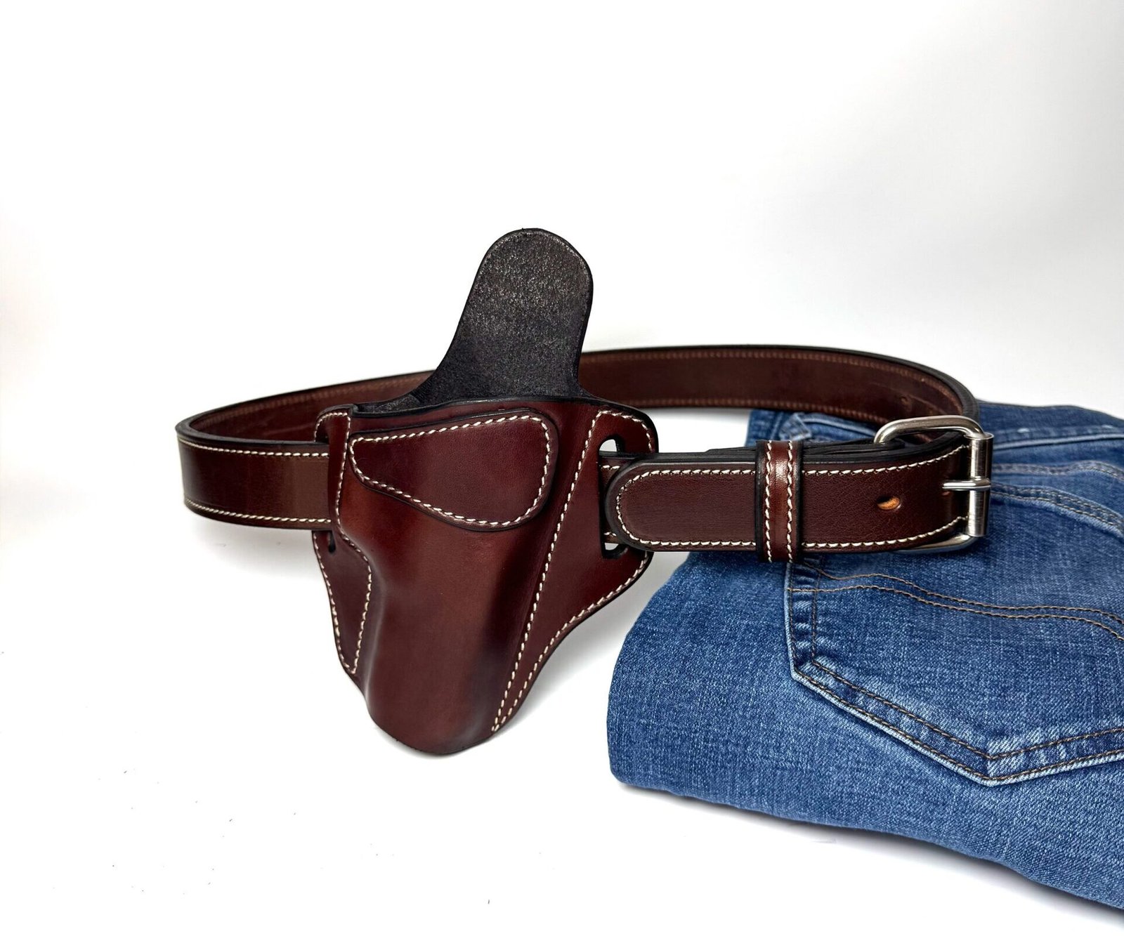 Brown Glock XD Leather Holster and Heavy-Duty Belt Combo – White Stitching - Image 2