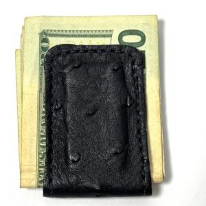 Ostrich Black Leather Cash Clip