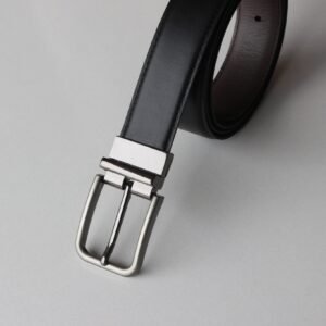 Formal Black/Brown Leather Belt-Premium Silver Reversible Buckle