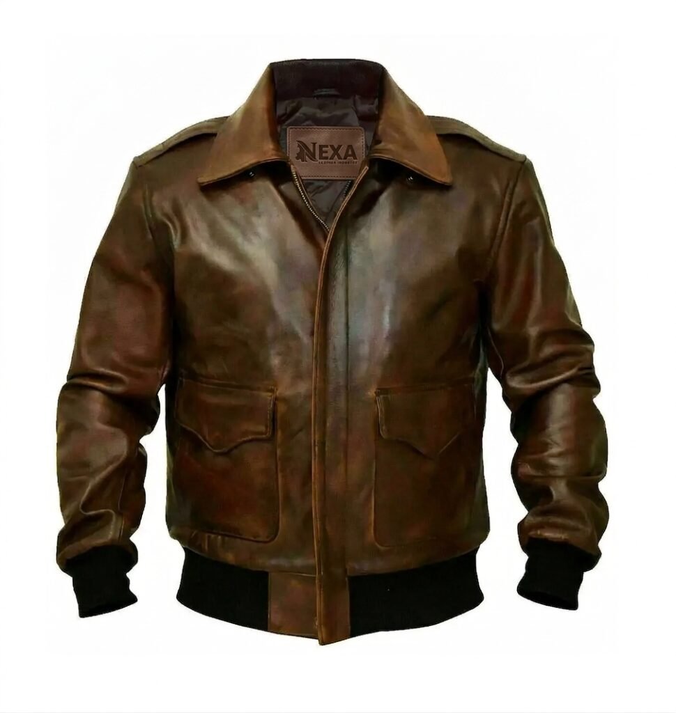 Aviator Brown Bomber Navy Distressed Leather Jacket