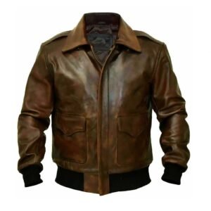 Aviator Brown Bomber Navy Distressed Leather Jacket