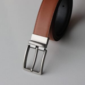 Formal Black/Tan Leather Belt-Classic Silver Reversible Buckle