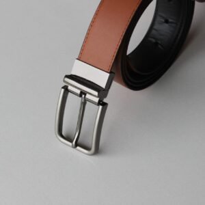 Formal Black/Tan Leather Belt-Premium Silver Reversible Buckle