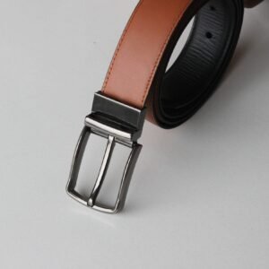 Formal Black/Tan Leather Belt-Gunmetal Reversible Buckle