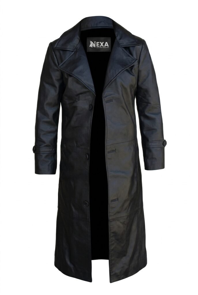 Men’s Black Leather Duster Trench Coat