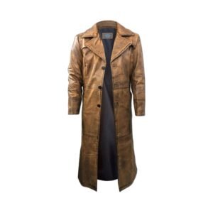 Men’s Brown Distressed Leather Duster Trench Coat