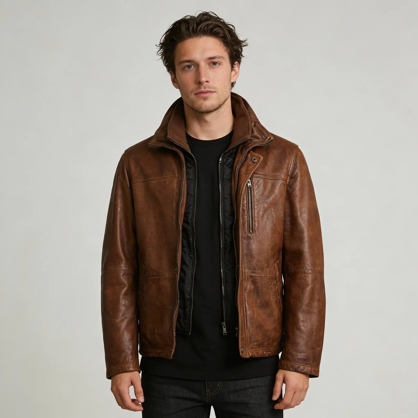 Men’s Brown Vintage Leather Jacket - Image 2