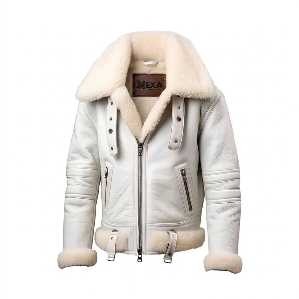 Men’s White B3 Bomber Sheepskin Fur Aviator Leather Jacket