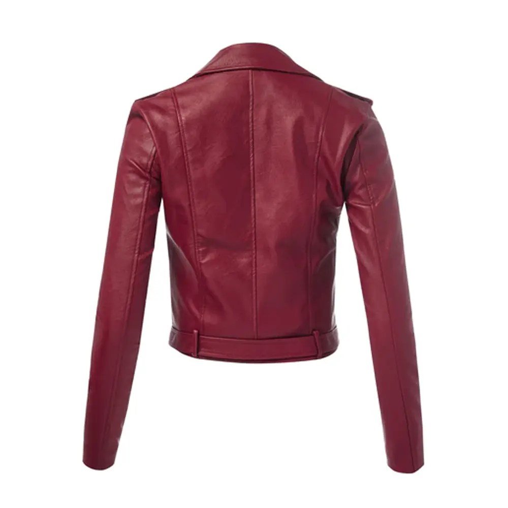 Women’s Biker Maroon Leather Jacket - Image 2