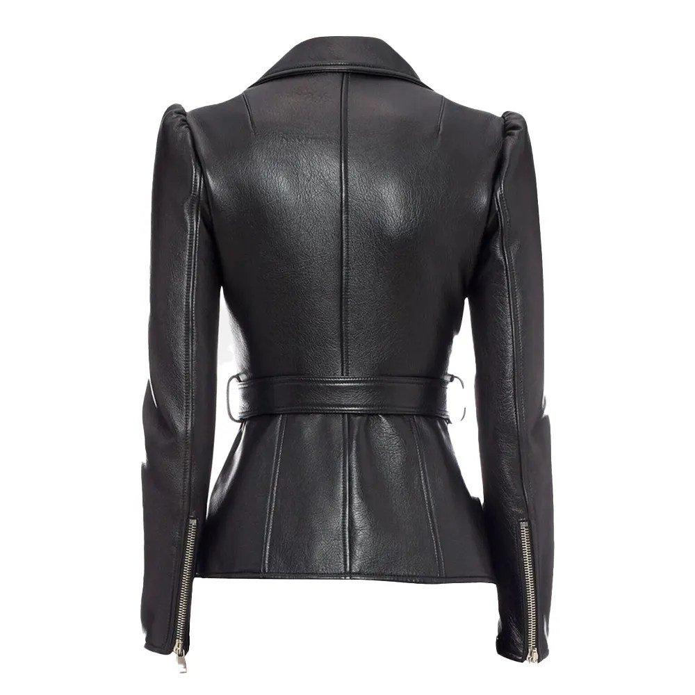 Women’s Black Belted Biker Leather Jacket - Image 2