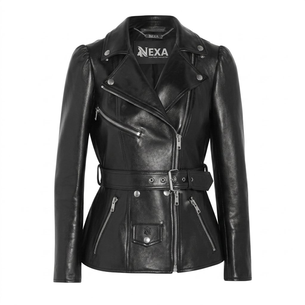 Women’s Black Belted Biker Leather Jacket