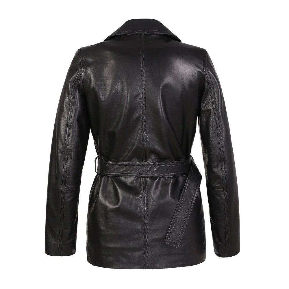 Women’s Black Belted Leather Coat - Image 2