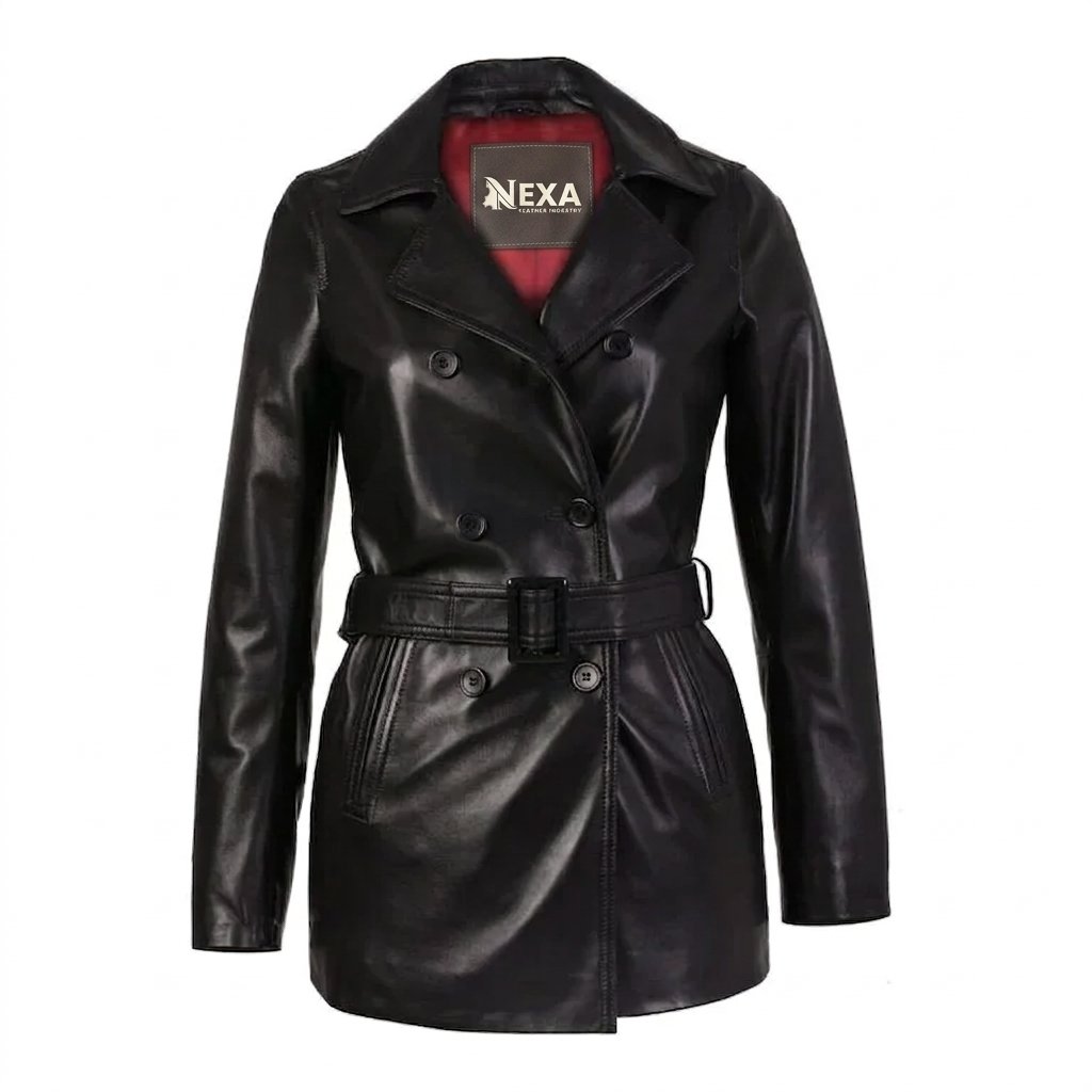 Women’s Black Belted Leather Coat