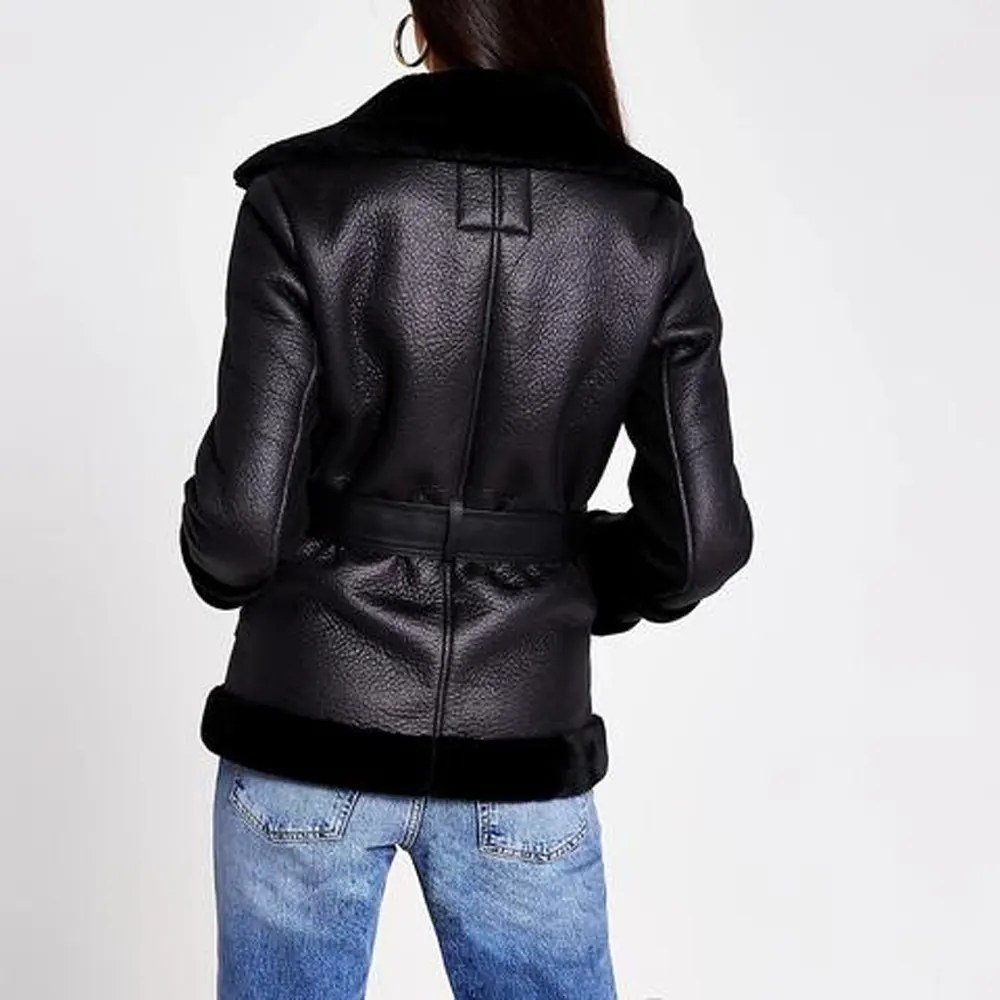 Women’s Black Belted Shearling Aviator Leather Jacket - Image 2