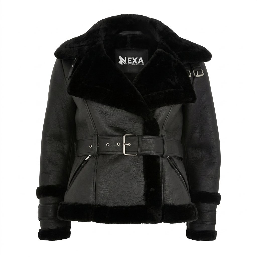 Women’s Black Belted Shearling Aviator Leather Jacket