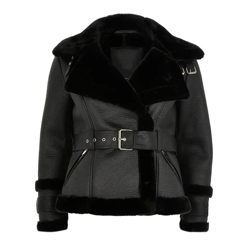 Women’s Black Belted Shearling Aviator Leather Jacket