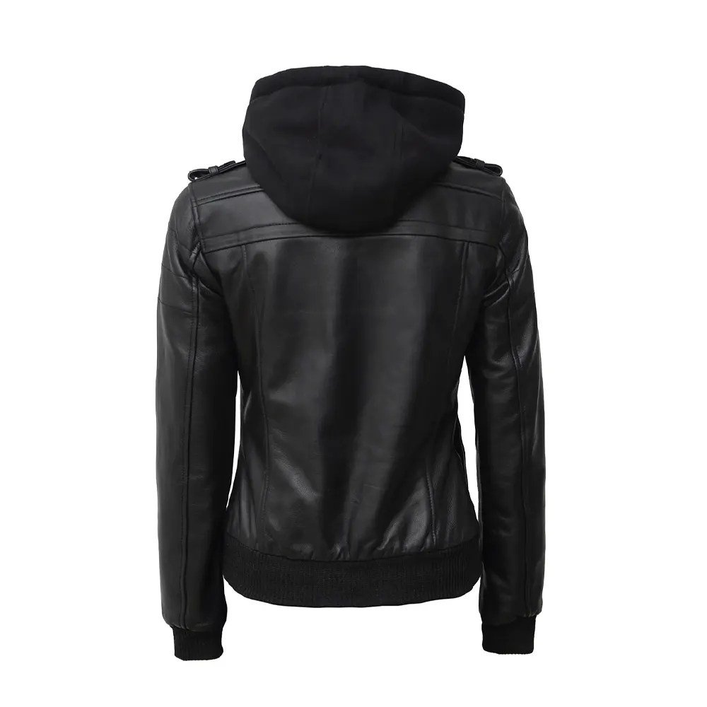 Women’s Black Hooded Leather Bomber Jacket - Image 2