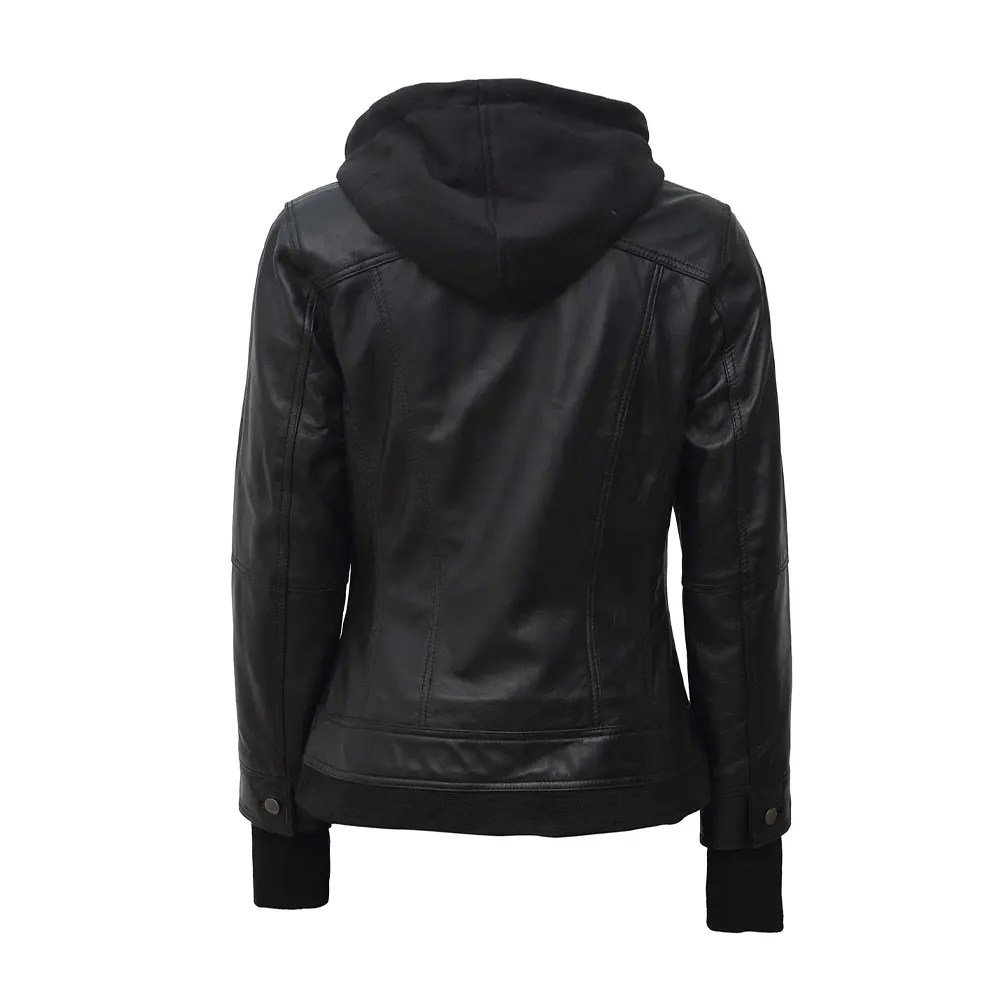 Women’s Black Hooded Leather Jacket - Image 2
