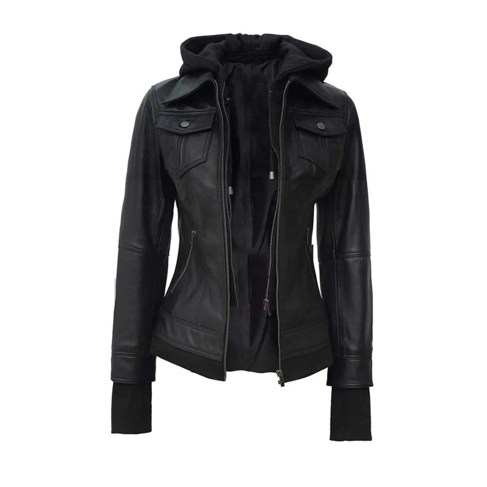 Women’s Black Hooded Leather Jacket
