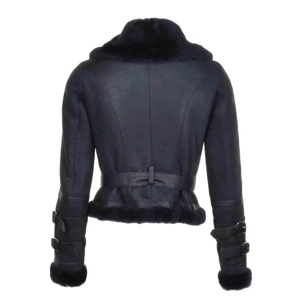 Women’s Black Sheepskin Leather Bomber Fur Jacket - Image 2