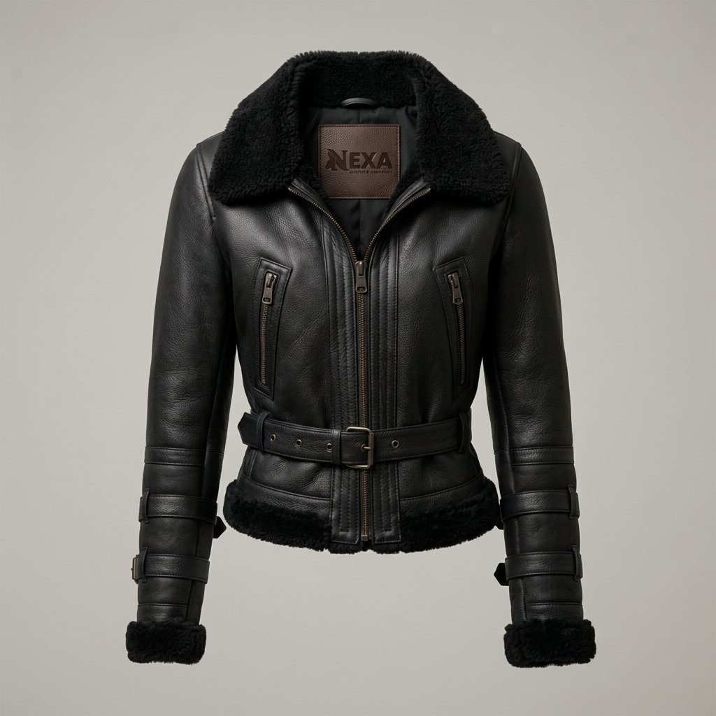 Women’s Black Sheepskin Leather Bomber Fur Jacket