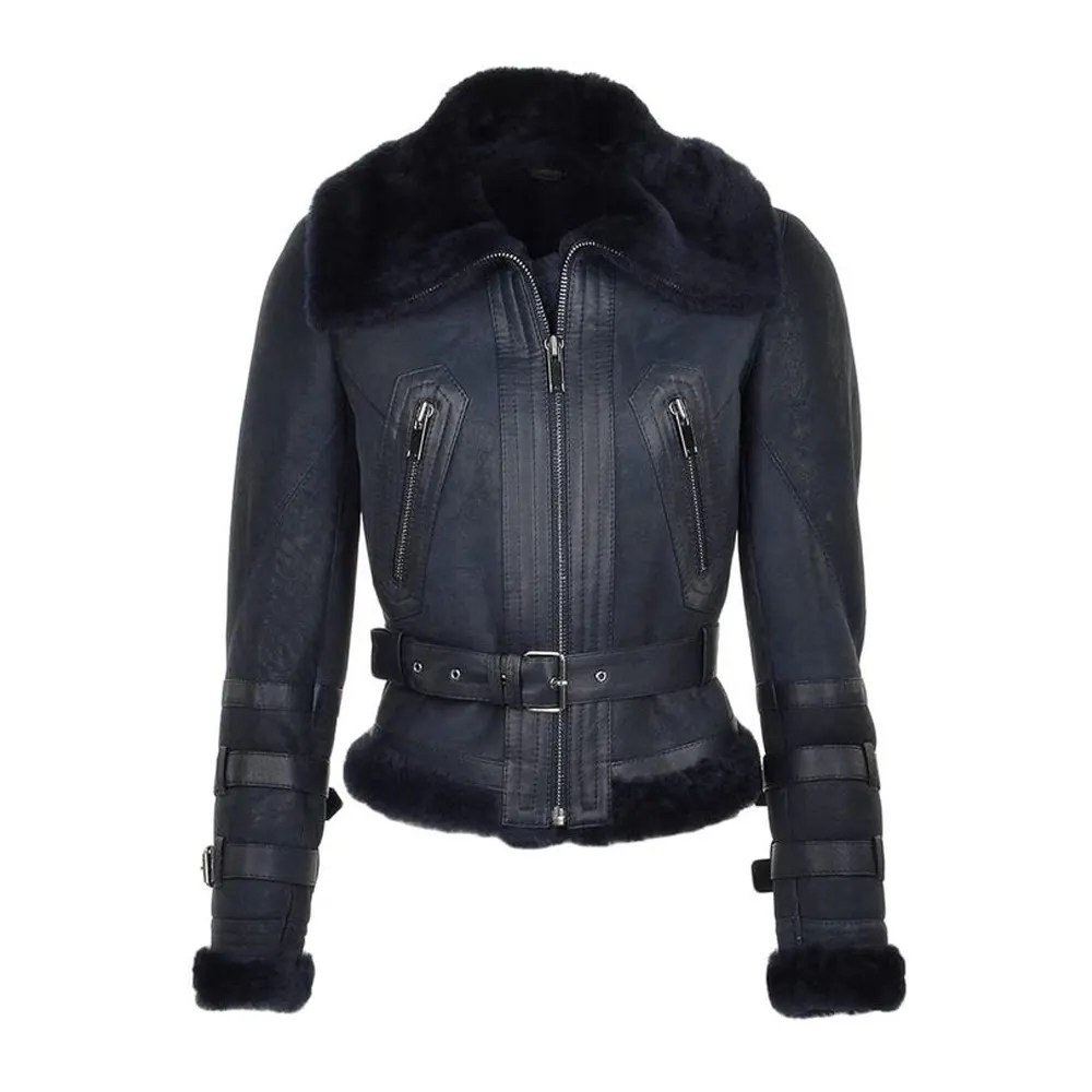 Women’s Black Sheepskin Leather Bomber Fur Jacket