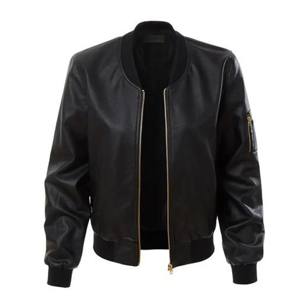 Women’s Black Zip Leather Bomber Jacket