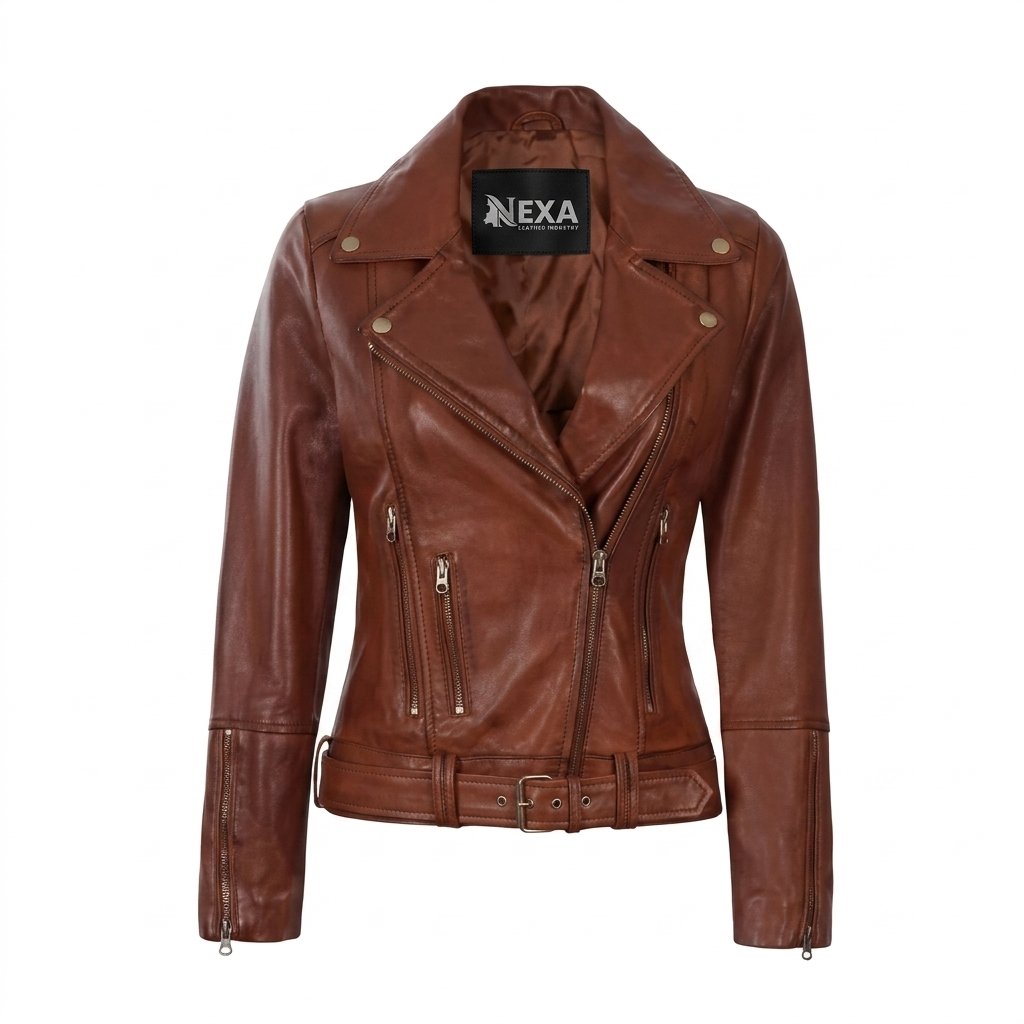 Women’s Brown Belted Motorcycle Leather Jacket