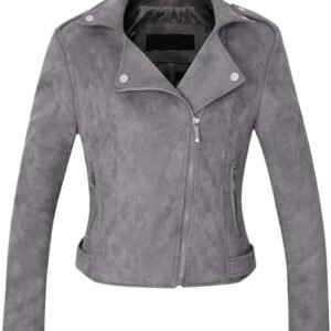 Women’s Grey Zip Suede Biker Leather Jacket