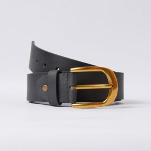 Handmade Black Leather Belt with Golden Buckle
