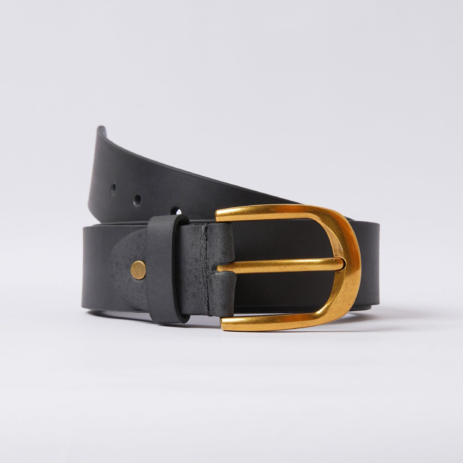 Handmade Black Leather Belt with Golden Buckle