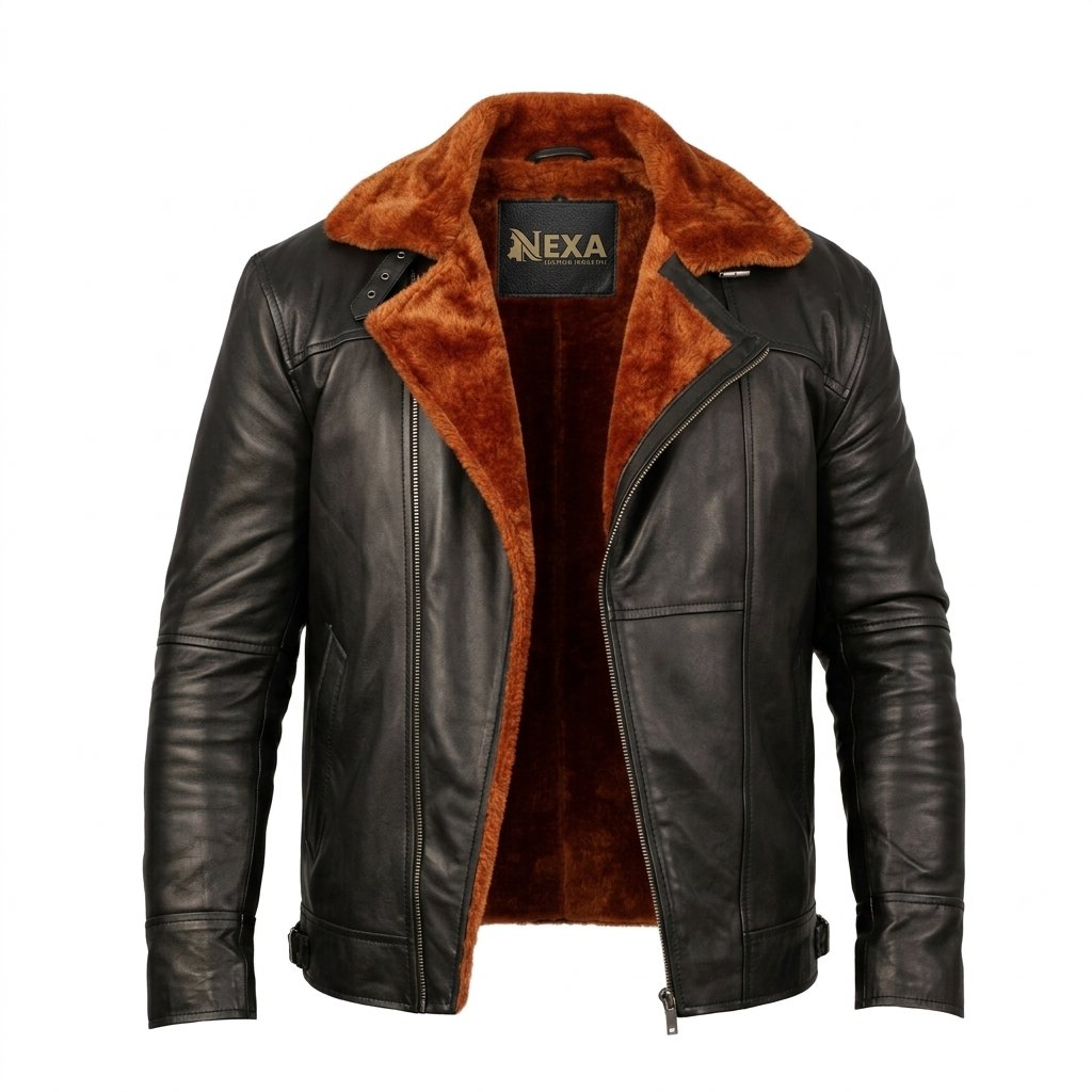 Men’s Black Aviator Bomber Fur Shearling Sheepskin Leather Jacket