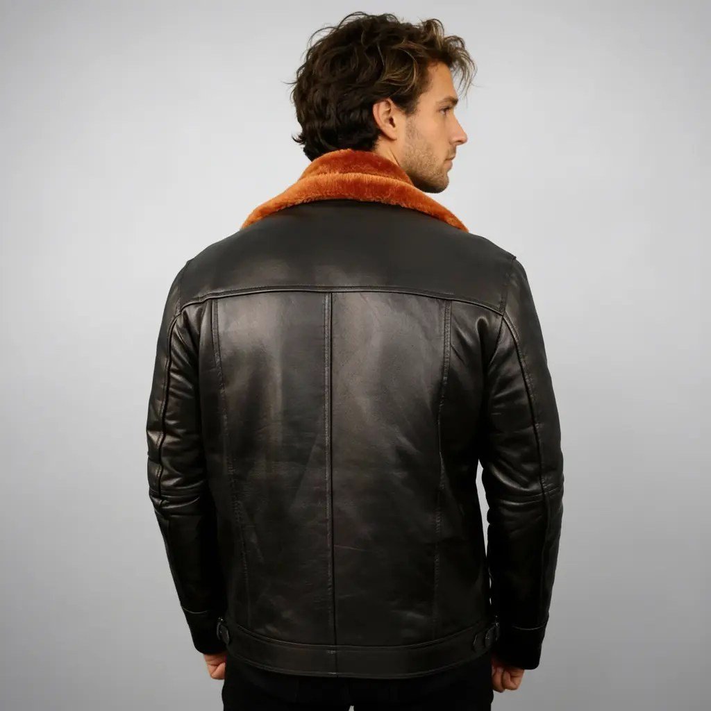 Men’s Black Aviator Bomber Fur Shearling Sheepskin Leather Jacket - Image 4