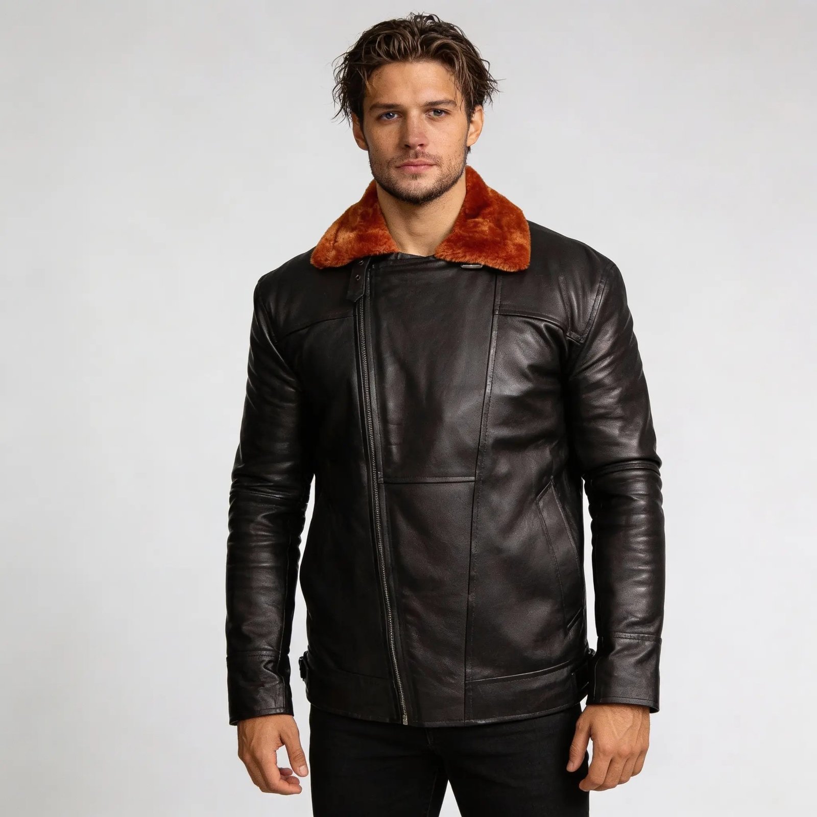 Men’s Black Aviator Bomber Fur Shearling Sheepskin Leather Jacket - Image 2