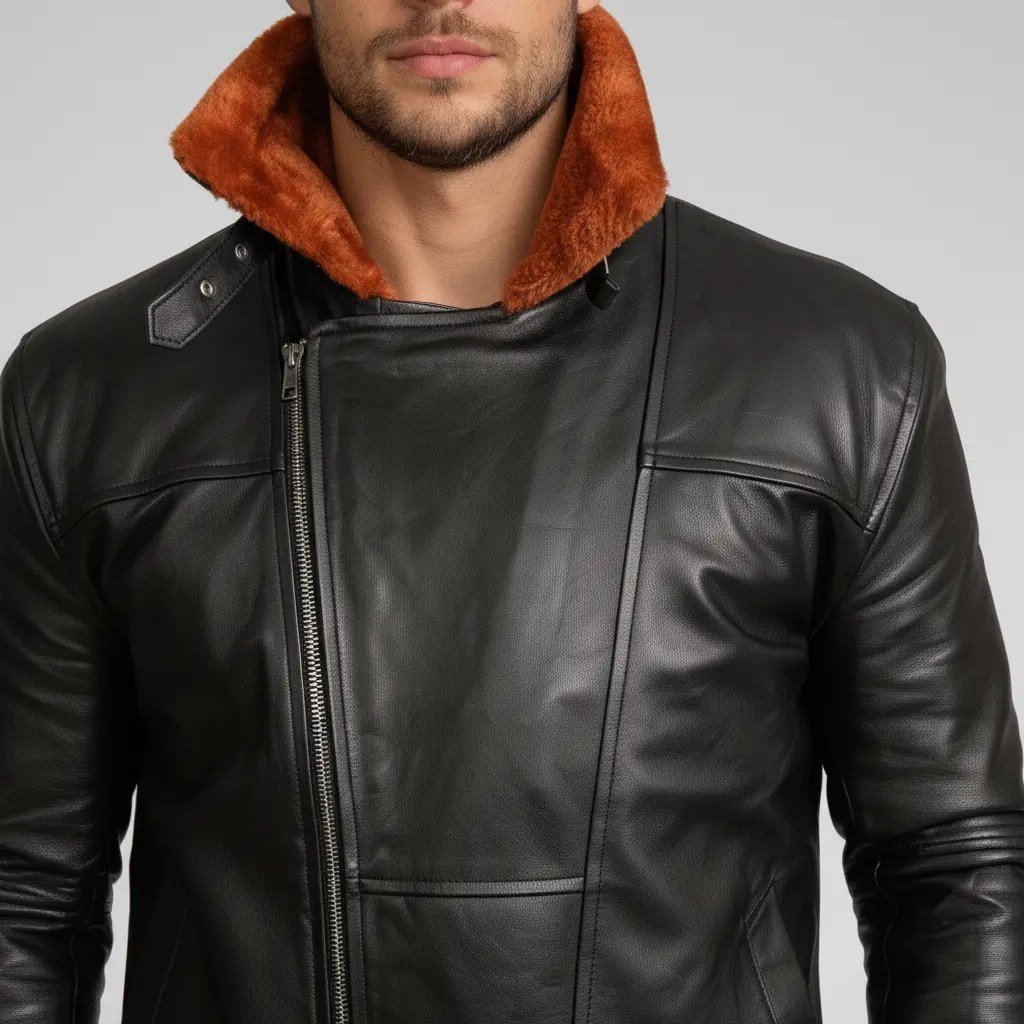 Men’s Black Aviator Bomber Fur Shearling Sheepskin Leather Jacket - Image 6