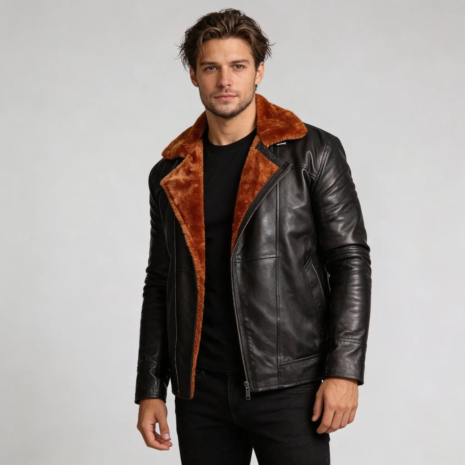 Men’s Black Aviator Bomber Fur Shearling Sheepskin Leather Jacket - Image 3